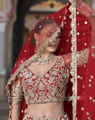 bridal wear net red lehenga choli embroidery sequin work  5