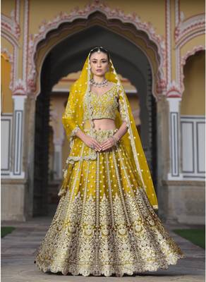 bridal wear net Yellow lehenga choli embroidery sequin work  1
