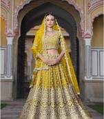 Indian wedding bridal wear net Yellow lehenga choli semi stitched embroidery sequence work 