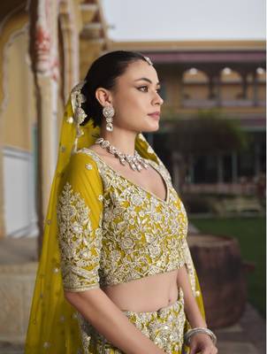 bridal wear net Yellow lehenga choli embroidery sequin work  2