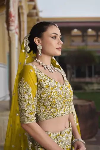 bridal wear net Yellow lehenga choli embroidery sequin work 