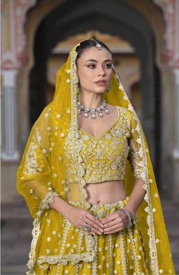 bridal wear net Yellow lehenga choli embroidery sequin work  3