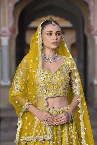 bridal wear net Yellow lehenga choli embroidery sequin work 