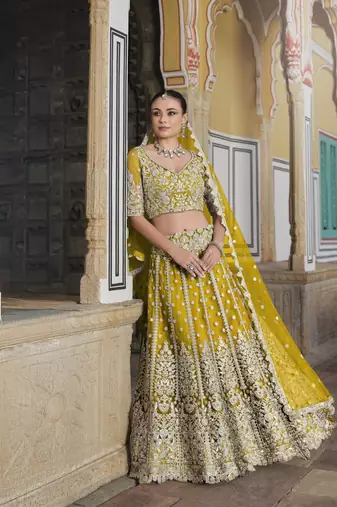 bridal wear net Yellow lehenga choli embroidery sequin work 