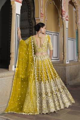 bridal wear net Yellow lehenga choli embroidery sequin work  5