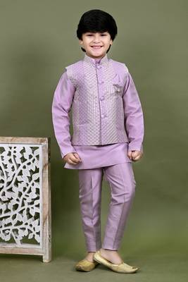 Boys cotton silk embroidered sequined kurta pyjama and waistcoat set - onion 1