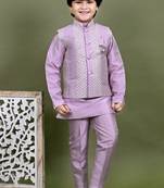 Boys cotton silk embroidered sequined kurta pyjama and waistcoat set - onion