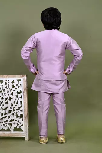 Boys cotton silk embroidered sequined kurta pyjama and waistcoat set - onion