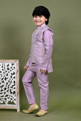 Boys cotton silk embroidered sequined kurta pyjama and waistcoat set - onion 3