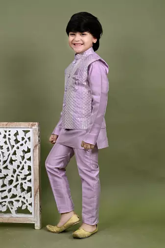 Boys cotton silk embroidered sequined kurta pyjama and waistcoat set - onion