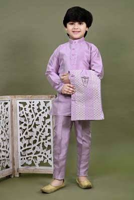 Boys cotton silk embroidered sequined kurta pyjama and waistcoat set - onion 4