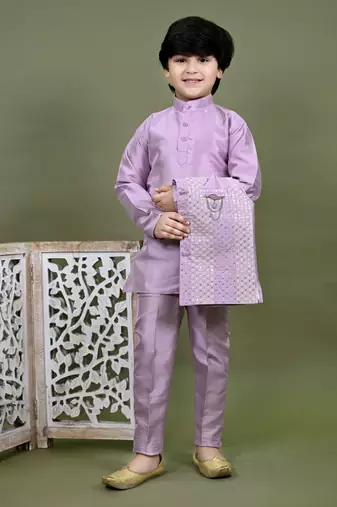 Boys cotton silk embroidered sequined kurta pyjama and waistcoat set - onion