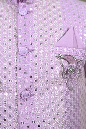 Boys cotton silk embroidered sequined kurta pyjama and waistcoat set - onion