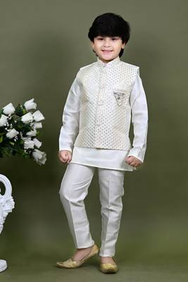 Boys cotton silk embroidered sequined kurta pyjama and waistcoat set - white 1