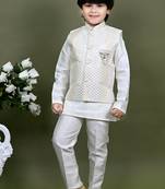 Boys cotton silk embroidered sequined kurta pyjama and waistcoat set - white