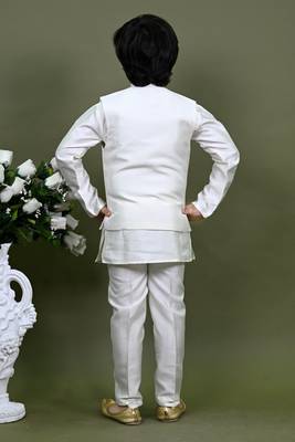 Boys cotton silk embroidered sequined kurta pyjama and waistcoat set - white 2