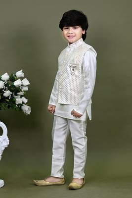 Boys cotton silk embroidered sequined kurta pyjama and waistcoat set - white 3