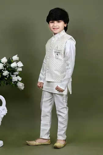 Boys cotton silk embroidered sequined kurta pyjama and waistcoat set - white
