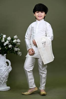 Boys cotton silk embroidered sequined kurta pyjama and waistcoat set - white 4