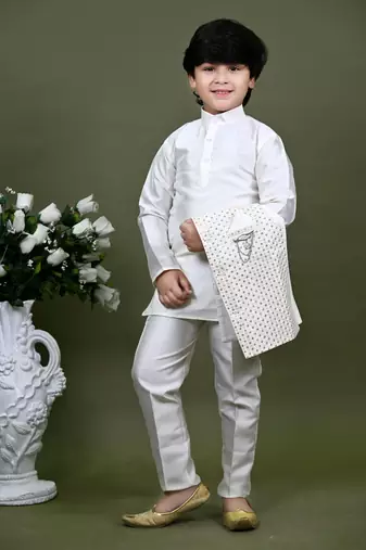Boys cotton silk embroidered sequined kurta pyjama and waistcoat set - white