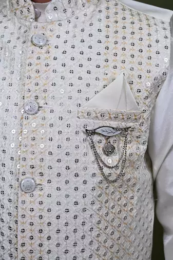 Boys cotton silk embroidered sequined kurta pyjama and waistcoat set - white