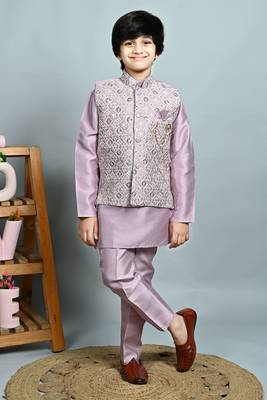 Boys cotton silk dori embroidered sequins kurta pyjama with waistcoat set - onion 1