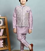 Boys cotton silk dori embroidered sequins kurta pyjama with waistcoat set - onion