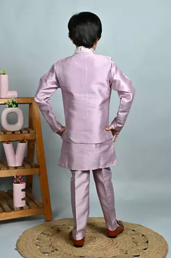 Boys cotton silk dori embroidered sequins kurta pyjama with waistcoat set - onion