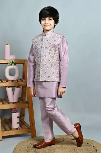 Boys cotton silk dori embroidered sequins kurta pyjama with waistcoat set - onion
