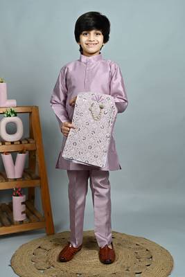 Boys cotton silk dori embroidered sequins kurta pyjama with waistcoat set - onion 4