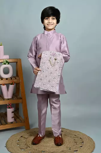 Boys cotton silk dori embroidered sequins kurta pyjama with waistcoat set - onion