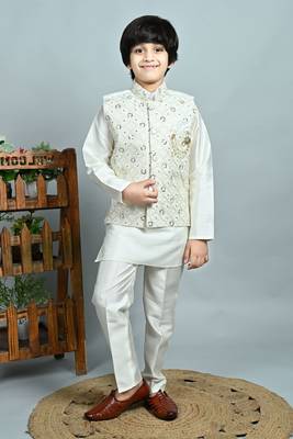 Boys cotton silk dori embroidered sequins kurta pyjama with waistcoat set - white 1