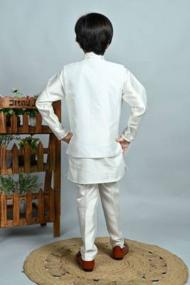 Boys cotton silk dori embroidered sequins kurta pyjama with waistcoat set - white 2
