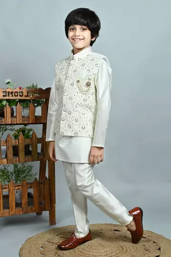 Boys cotton silk dori embroidered sequins kurta pyjama with waistcoat set - white