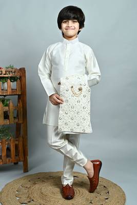 Boys cotton silk dori embroidered sequins kurta pyjama with waistcoat set - white 4