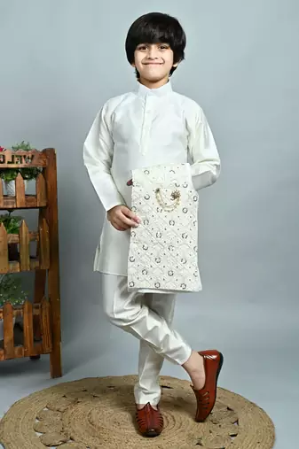 Boys cotton silk dori embroidered sequins kurta pyjama with waistcoat set - white