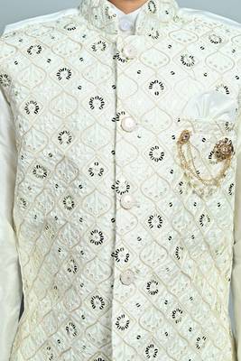 Boys cotton silk dori embroidered sequins kurta pyjama with waistcoat set - white 5