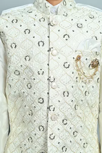 Boys cotton silk dori embroidered sequins kurta pyjama with waistcoat set - white