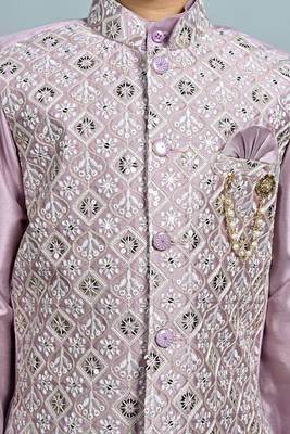 Boys cotton silk dori embroidered sequins kurta pyjama with waistcoat set - onion 5