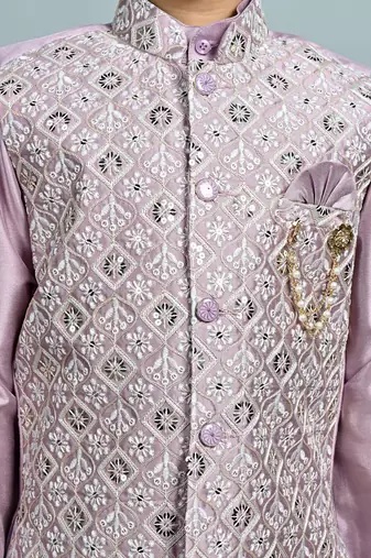 Boys cotton silk dori embroidered sequins kurta pyjama with waistcoat set - onion
