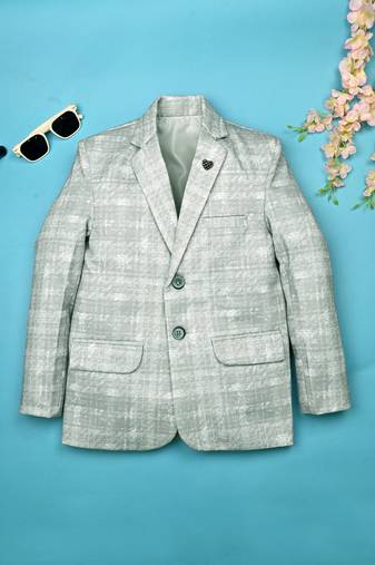Boys lycra blend full sleeves crosshatch printed blazer - grey