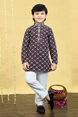 Boys viscose rayon embroidered sequinned kurta pyjama set - wine 1