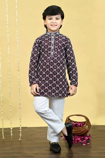 Boys viscose rayon embroidered sequinned kurta pyjama set - wine
