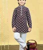 Boys viscose rayon embroidered sequinned kurta pyjama set - wine