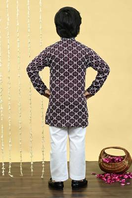Boys viscose rayon embroidered sequinned kurta pyjama set - wine 2