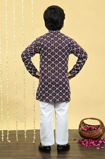 Boys viscose rayon embroidered sequinned kurta pyjama set - wine