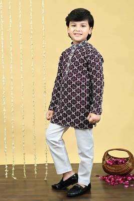 Boys viscose rayon embroidered sequinned kurta pyjama set - wine 3
