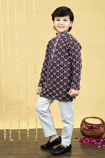 Boys viscose rayon embroidered sequinned kurta pyjama set - wine