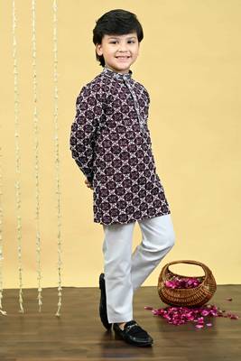 Boys viscose rayon embroidered sequinned kurta pyjama set - wine 4