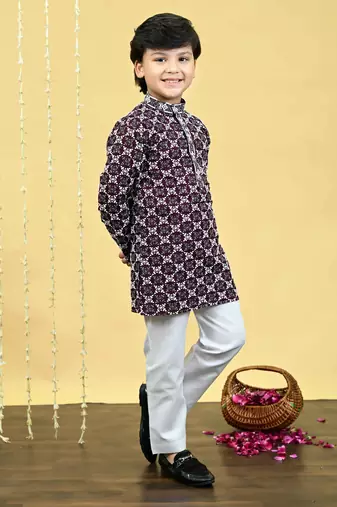Boys viscose rayon embroidered sequinned kurta pyjama set - wine